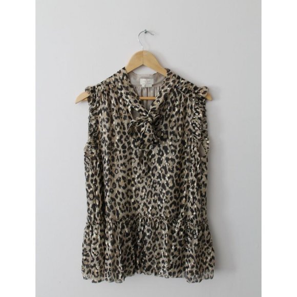 Kate Spade Leopard Print Tie-neck Chiffon Top with Metallic Size Large Gold - Picture 3 of 8